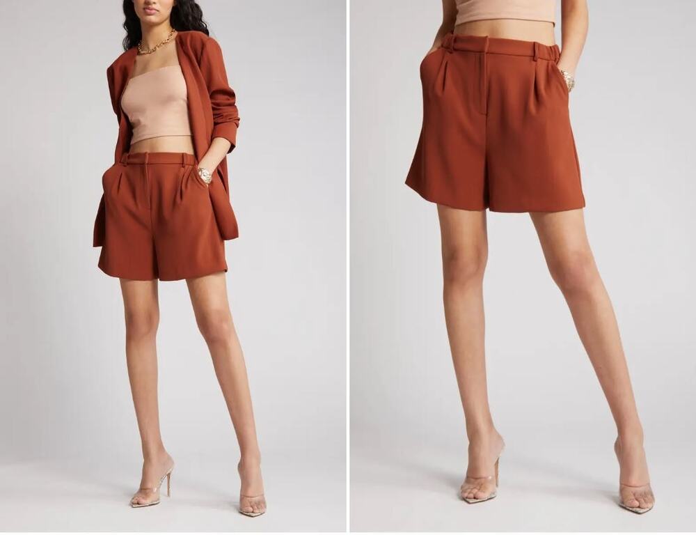 Open Edit Womens High Waist Pleat Front Shorts Medium Brown Spice Wide Leg